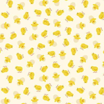 Hatching easter chicks on a white 100% cotton fabric