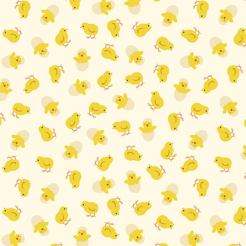 Hatching easter chicks on a white 100% cotton fabric