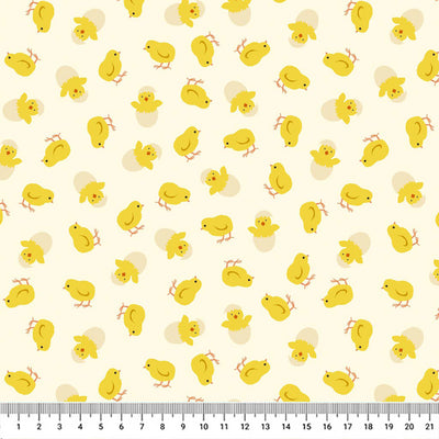 Hatching easter chicks on a white 100% cotton fabric with a cm ruler