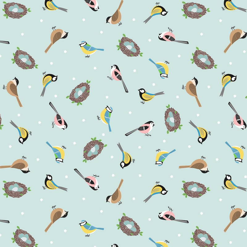 Birds and egg-filled nests on a sky blue 100% cotton fabric