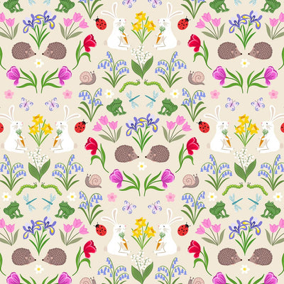 Hedgehogs, tulips, daffodils and ladybirds on a light grey 100% cotton fabric