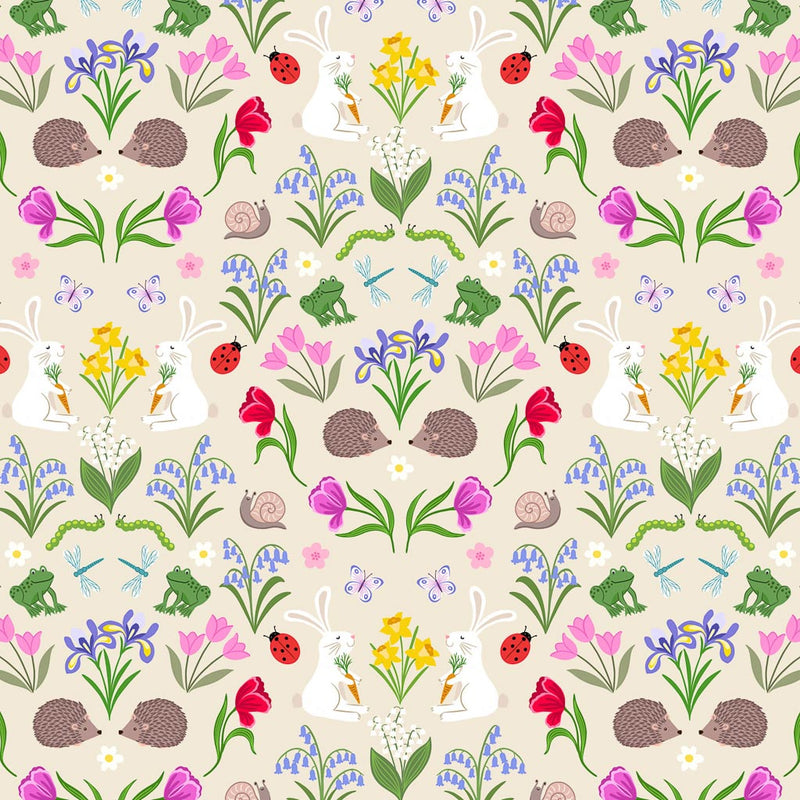 Hedgehogs, tulips, daffodils and ladybirds on a light grey 100% cotton fabric