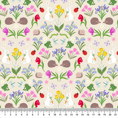 Hedgehogs, tulips, daffodils and ladybirds on a light grey 100% cotton fabric with a cm ruler