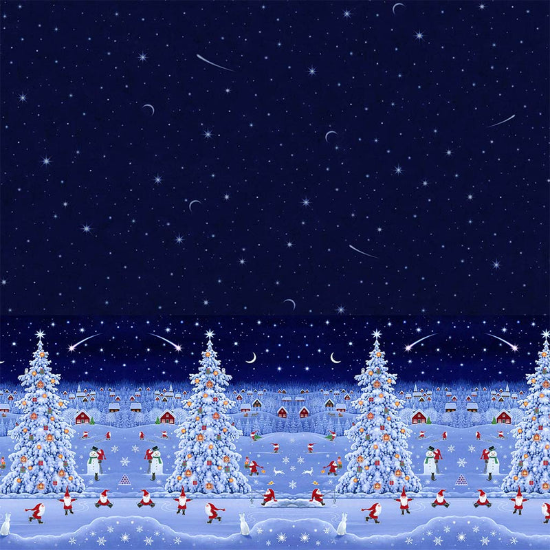 Stars and a snowy christmas scene printed on a navy cotton fabric