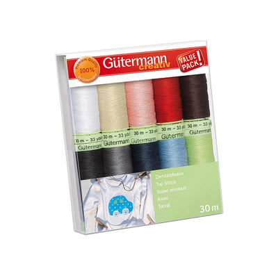 A set of 10, 100% polyester Gutermann Top Stitch threads.