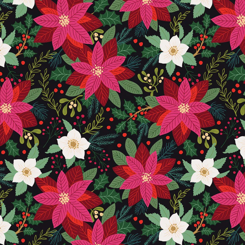 Pattern of pink poinsettias, green leaves, and white flowers on a black cotton quilting fabric