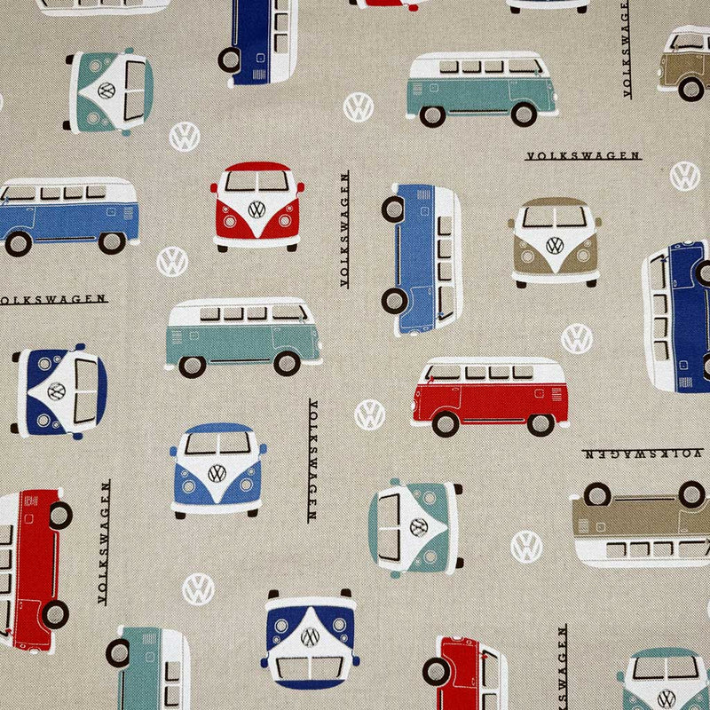 Colourful VW camper vans printed on a panama craft fabric