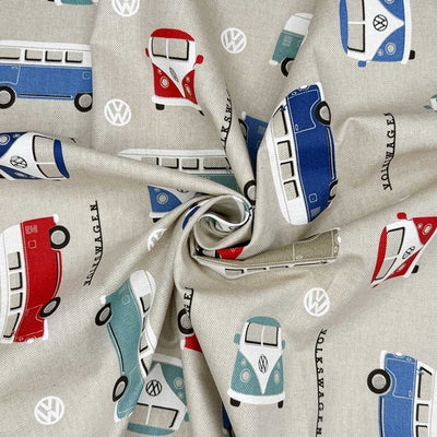 Colourful VW camper vans printed on a panama craft fabric in a swirl