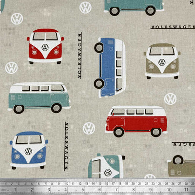 Colourful VW camper vans printed on a panama craft fabric with a cm ruler