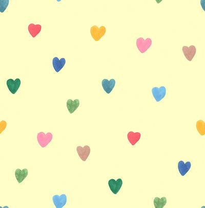 Colourful mini hearts printed on a yellow cotton quilting fabric by Lewis & Irene