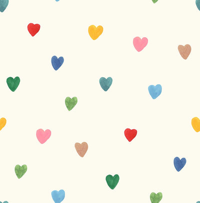 Mini colourful hearts printed on a cream cotton quilting fabric by Lewis & Irene