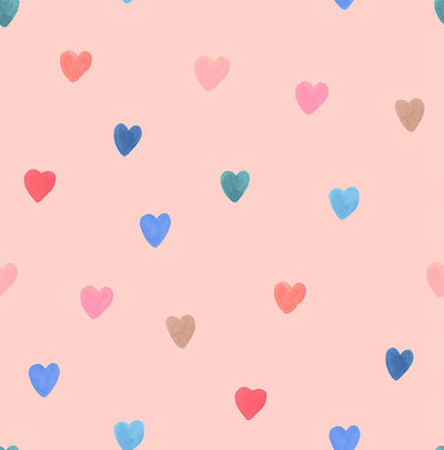 Mini colourful hearts printed on a pink cotton quilting fabric by Lewis & Irene