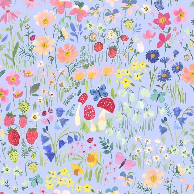 A garden scene printed on a cornflower blue cotton quilting fabric by Lewis & Irene