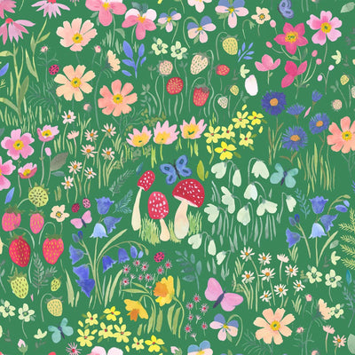 A garden themed print on green cotton fabric by Lewis & Irene