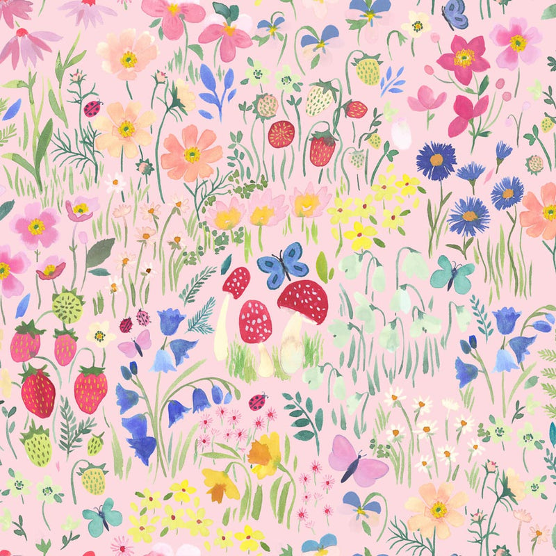 A garden themed print on a pink cotton quilting fabric by Lewis & Irene