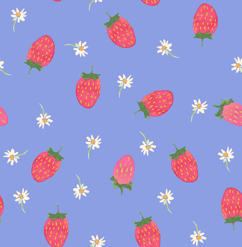 Strawberries printed on a cornflower blue cotton quilting fabric by Lewis & Irene