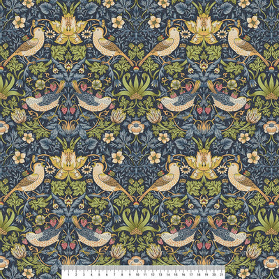 William Morris Strawberry Thief in Navy printed on a cotton fabric with a cm ruler