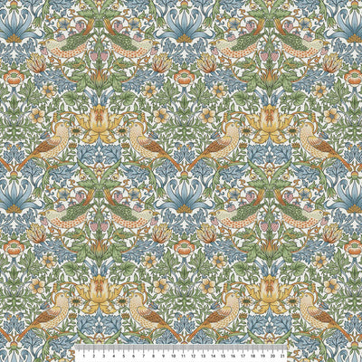 William Morris Strawberry Thief in sky blue printed on a cotton fabric with a cm ruler