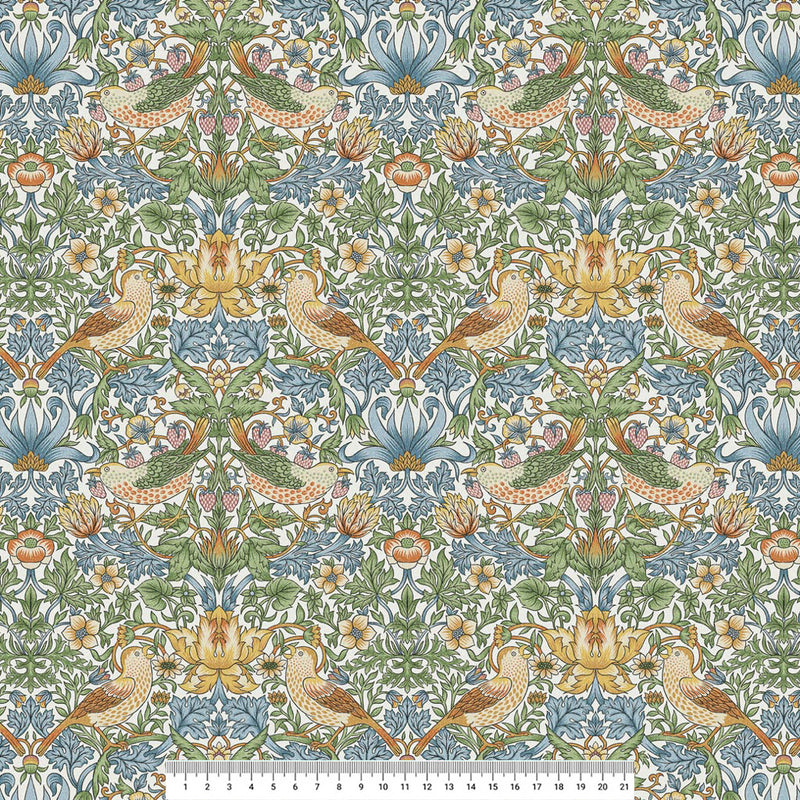 William Morris Strawberry Thief in sky blue printed on a cotton fabric with a cm ruler