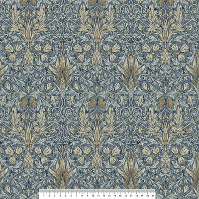 William Morris Snakehead design in blue, printed on a cotton fabric with a cm ruler