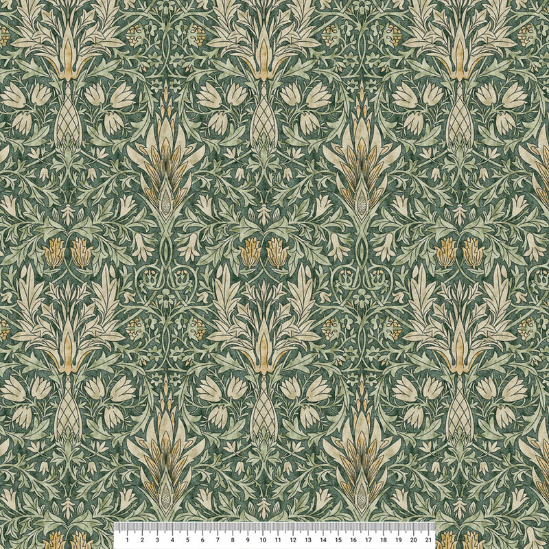 William Morris Snakehead design printed on a cotton light upholstery fabric with a cm ruler