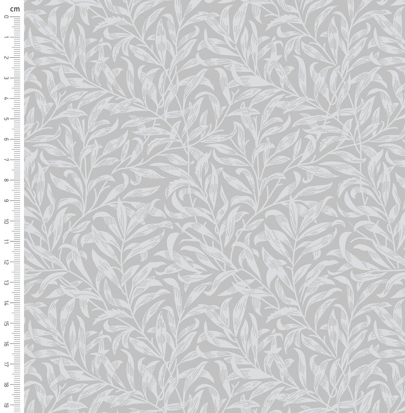 Silver willow bough design printed on quilting fabric with a cm ruler