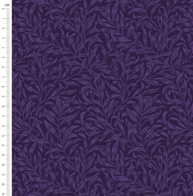 Purple willow bough design printed on quilting fabric with a cm ruler