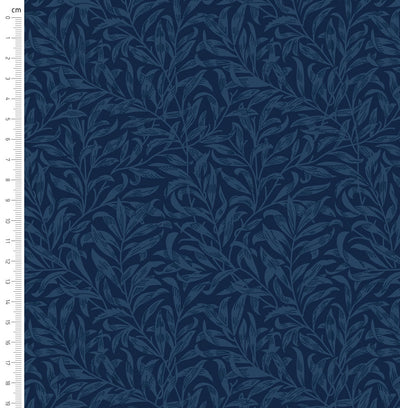 Navy blue willow bough design printed on quilting cotton fabric with a cm ruler
