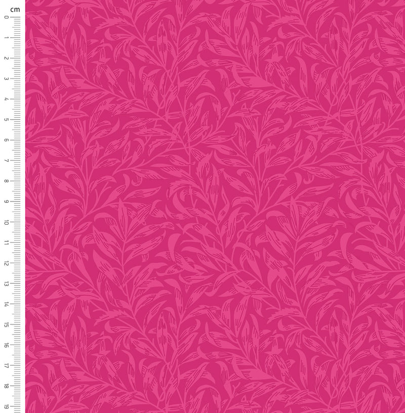 Bright pink willow bough design printed on quilting fabric with a cm ruler