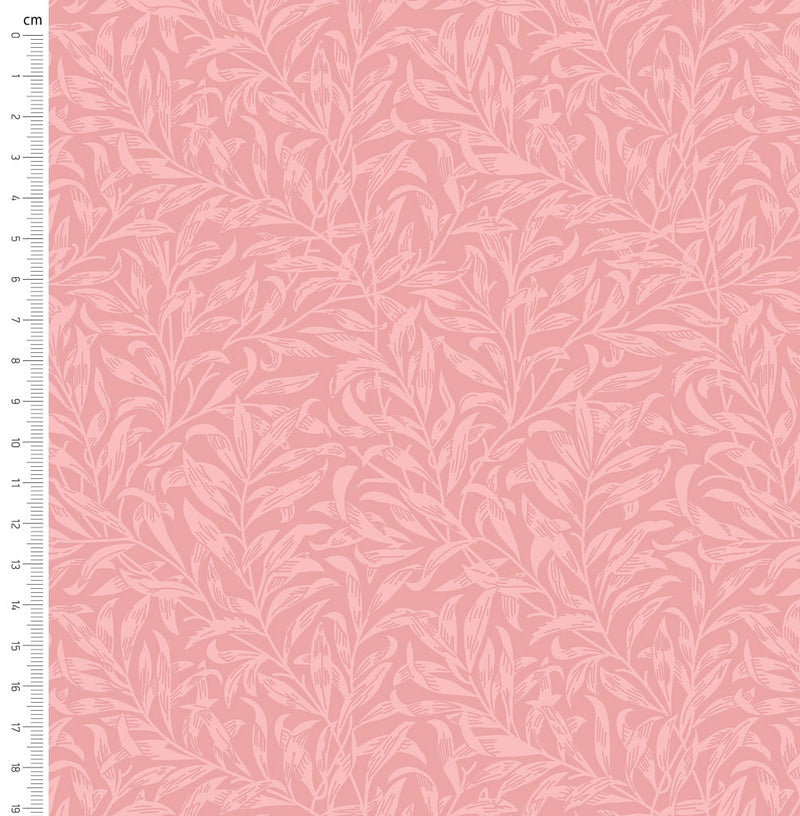 Dusky pink willow bough design printed on quilting fabric with a cm ruler