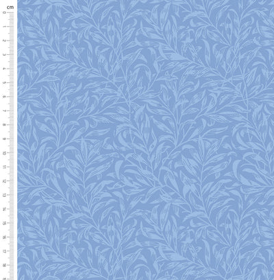 Cornflower blue willow bough design printed on quilting fabric with a cm ruler