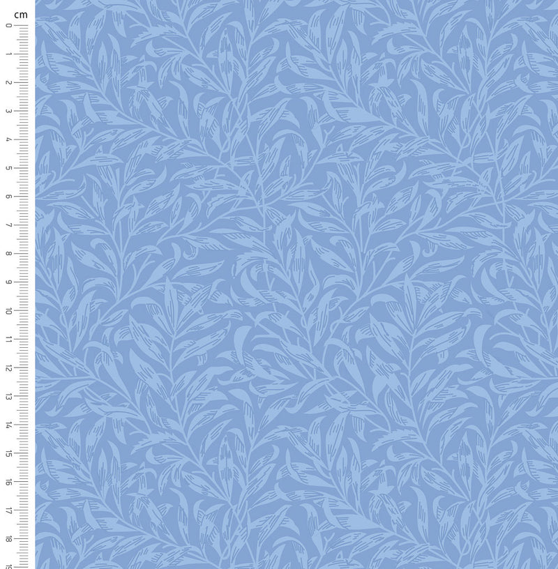 Cornflower blue willow bough design printed on quilting fabric with a cm ruler