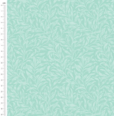 Seafoam green willow bough design printed on quilting fabric with a cm ruler