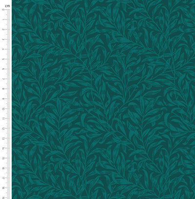 Teal willow bough design printed on quilting fabric with a cm ruler