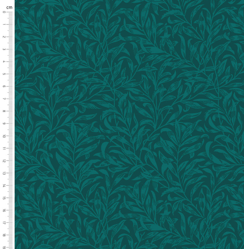 Teal willow bough design printed on quilting fabric with a cm ruler