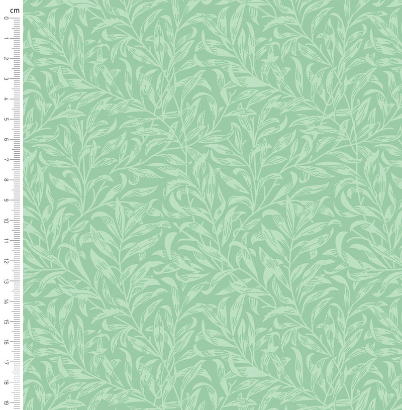 Sage green willow bough design printed on quilting fabric with a cm ruler