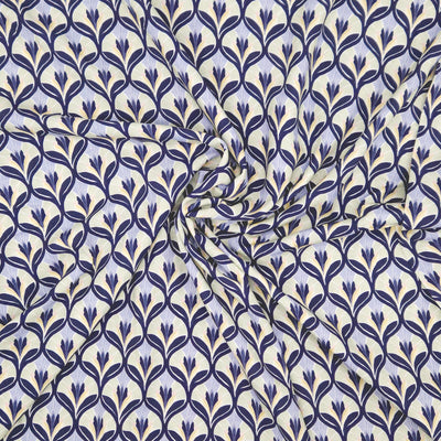 Patterned fabric with blue floral design on a light viscose fabric