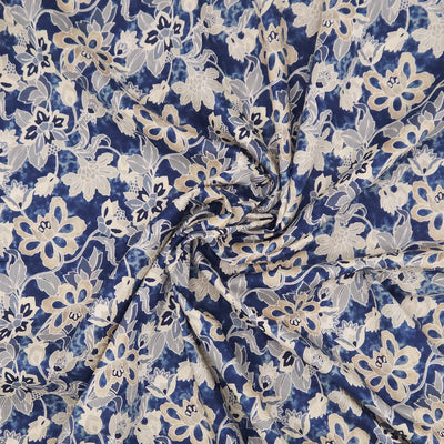 Floral patterned pima cotton lawn fabric with blue and beige colors