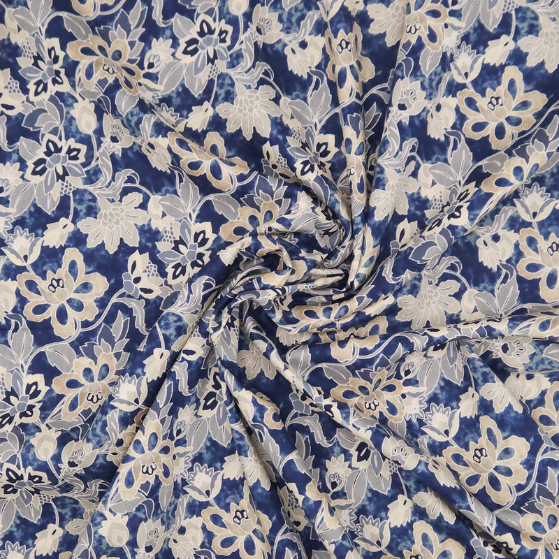 Floral patterned pima cotton lawn fabric with blue and beige colors