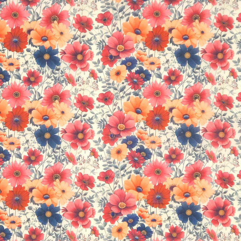 Pattern of colorful flowers on a cream polycotton fabric