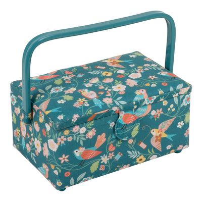 A sewing box in teal aviary closed