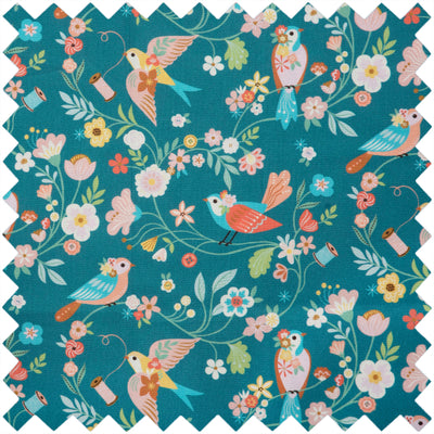 Printed fabric in teal aviary