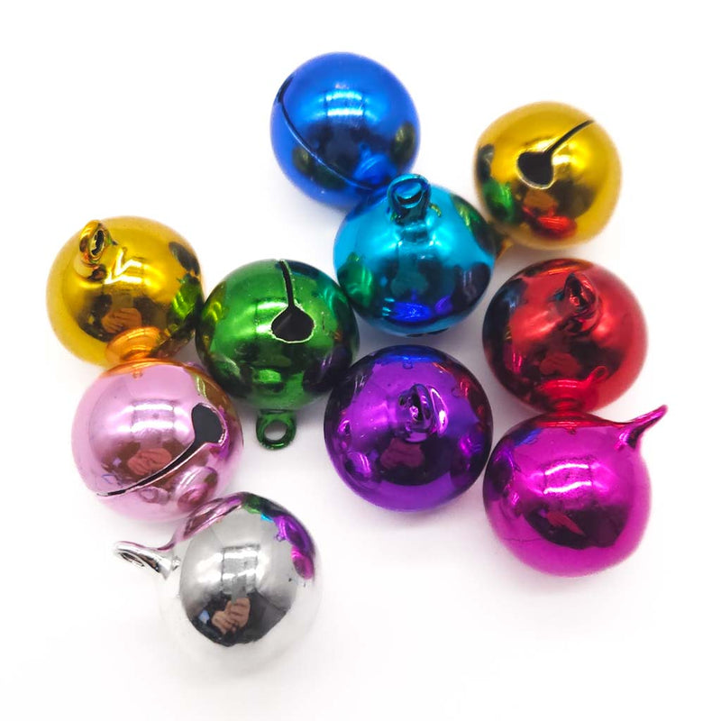 10 colourful metal jingle bells on a white background
