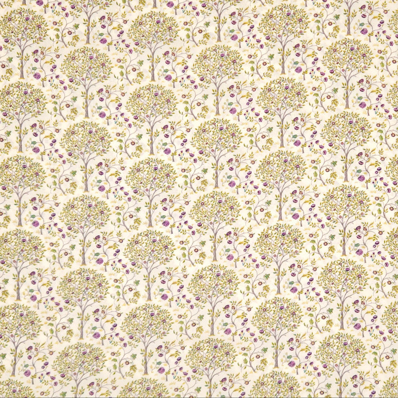 Pattern of stylized trees with flowers on a light pima cotton lawn fabric