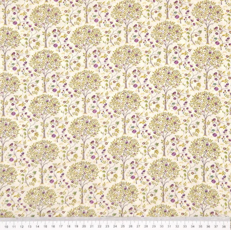 Pattern of trees with flowers and leaves on a pima cotton lawn fabric