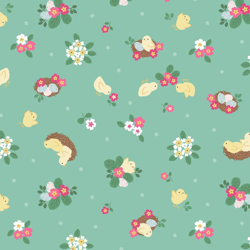 Cute little Easter chicks in nests are printed on a spring green 100% premium quilting cotton. 