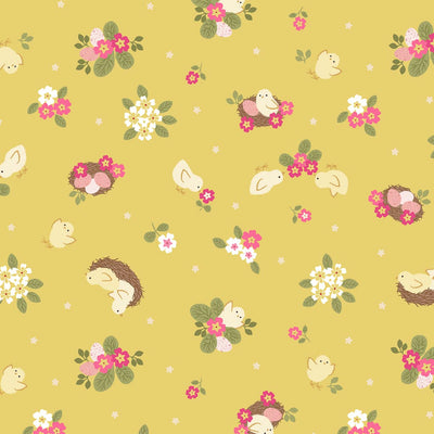Cute little Easter chicks in nests are printed on a yellow 100% premium quilting cotton. 