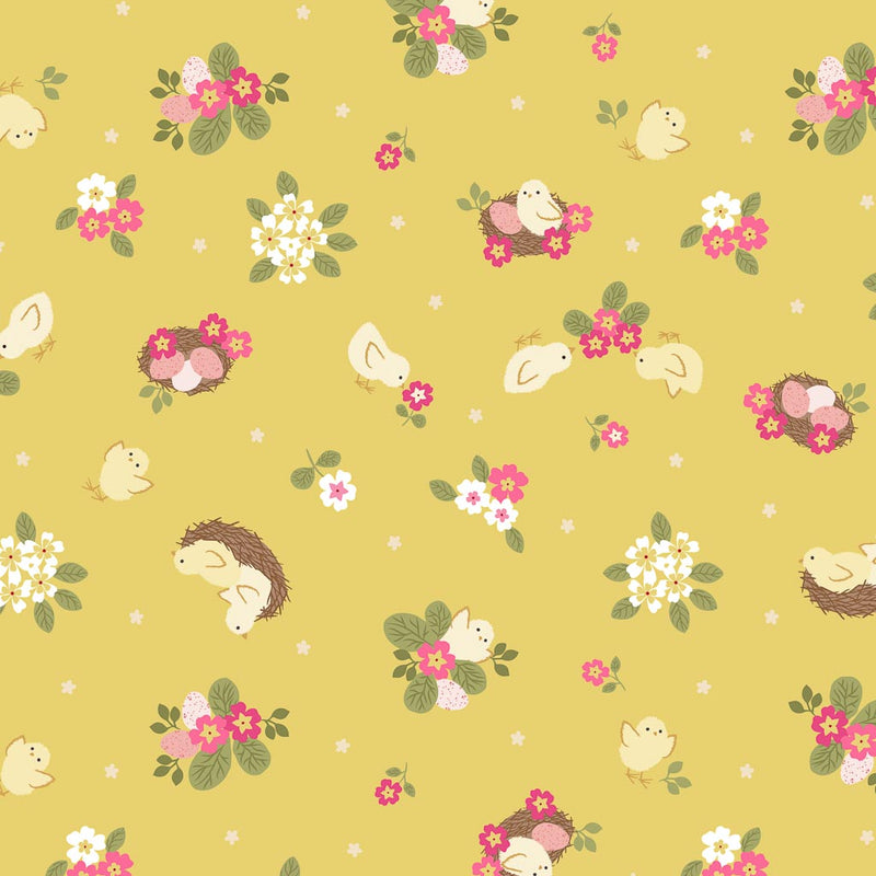 Cute little Easter chicks in nests are printed on a yellow 100% premium quilting cotton. 