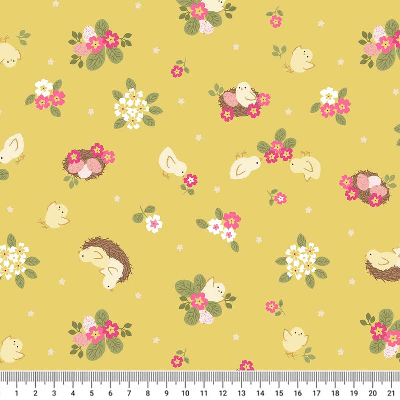 Cute little Easter chicks in nests are printed on a yellow 100% premium quilting cotton with a cm ruler