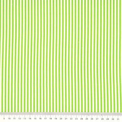 Apple green candy stripes printed on a quality white 100% cotton fabric with a cm ruler